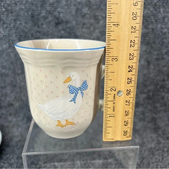 Aunt Rhody Blue Bow Country Goose Cup & Saucer Set of 3 Tienshan Stoneware - Picture 6 of 11